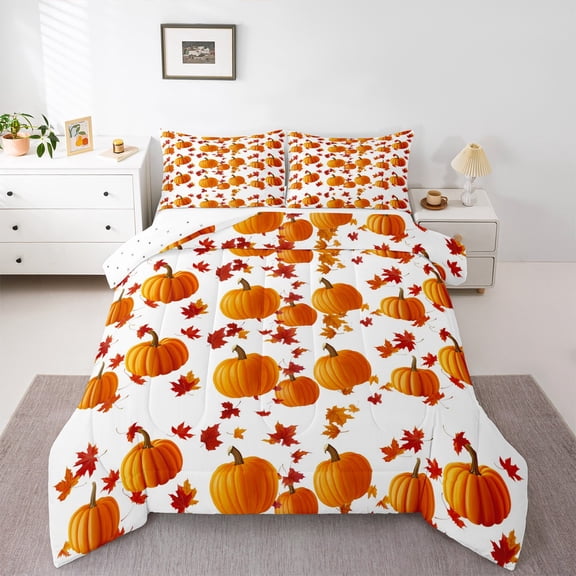 Feelyou Autumn Harvest Pumpkin Queen Comforter Set for Kid, Fall Maple Leaf Bedding Sets, Plant Botanical Reversible Bedding Comforter Set, Breathable Home Decor, 3-Piece