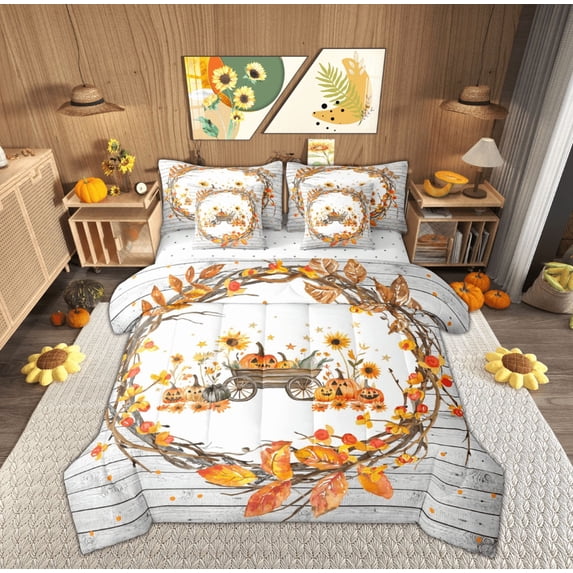 Feelyou Autumn Leaf Flower Bedding Comforter Set 7-Piece for Child, Halloween Fall Pumpkin King Bedding Sets, Rustic Wooden Plank Reversible Bed Sheets, Breathable Home Decor