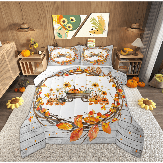 Feelyou Autumn Leaf Flower Bedding Comforter Set for Child, Halloween Fall Pumpkin Twin Comforter Sets, Rustic Wooden Plank Reversible Bedding Set, Breathable Home Decor, 2-Piece