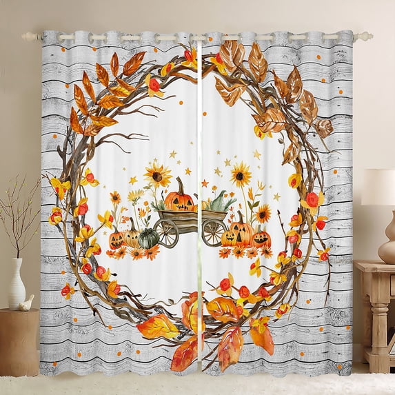 Feelyou 2-Pack 52x84 Autumn Leaf Curtains, Pumpkin Wooden Plank Kids Blackout Home Decor