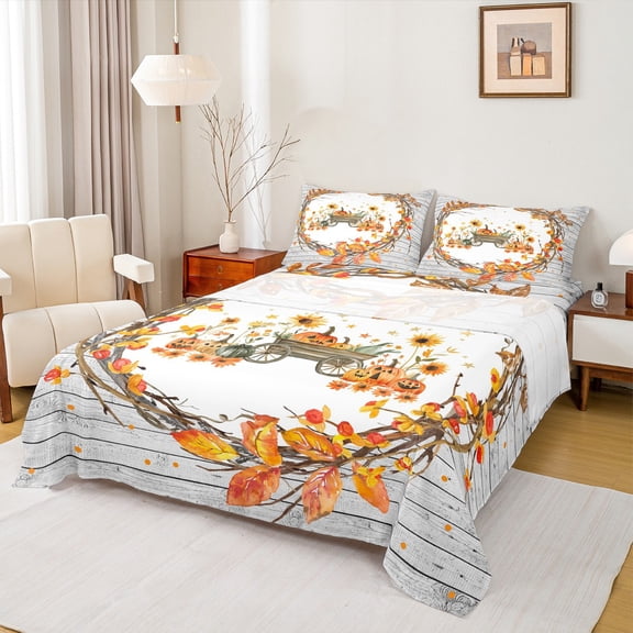 Feelyou Autumn Leaf Flower Twin Sheet Sets for Child, Halloween Fall Pumpkin Twin Fitted Sheet, Rustic Wooden Plank Flat Sheet, Breathable Home Decor, 3-Piece