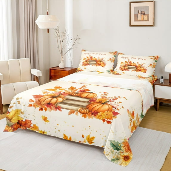 Feelyou Autumn Pumpkin Bed Sheets, Thanksgiving Day King Sheets, Happy Harvest Sheet Set, Microfiber Bedroom Decor, 4pcs