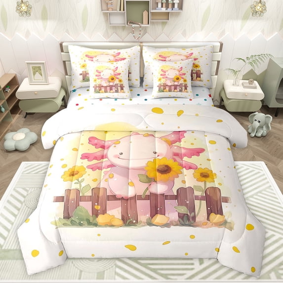 Feelyou Axolotl Animal Bedding Comforter Set 7pcs, Rustic Sunflower Queen Bedding Sets