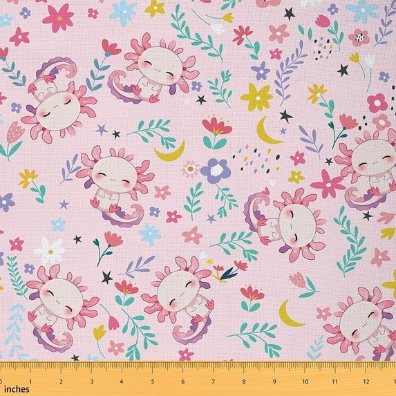 Feelyou Axolotl Fabric by the Yard 1 Yard for Teens, Rustic Floral Print Sewing Fabric, Cartoon Animal Home Decor Fabric by the Yard, Ultra Soft Home Decor