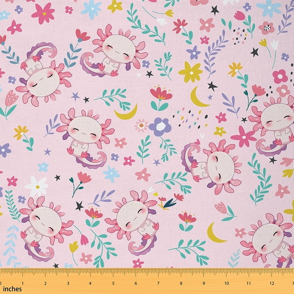 Feelyou Axolotl Fabric by the Yard 2 Yards for Teens, Rustic Floral Print Home Decor Fabric by the Yard, Cartoon Animal Sewing Fabric, Ultra Soft Home Decor