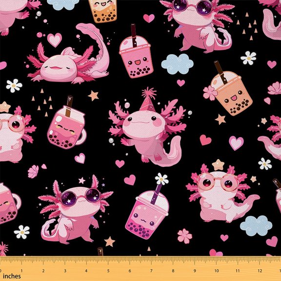 Feelyou Axolotl Fabric by the Yard 1 Yard for Teens, Black Pink Room Decor Fabric by the Yard, Milk Tea Fabric for Sewing, Breathable Home Decor