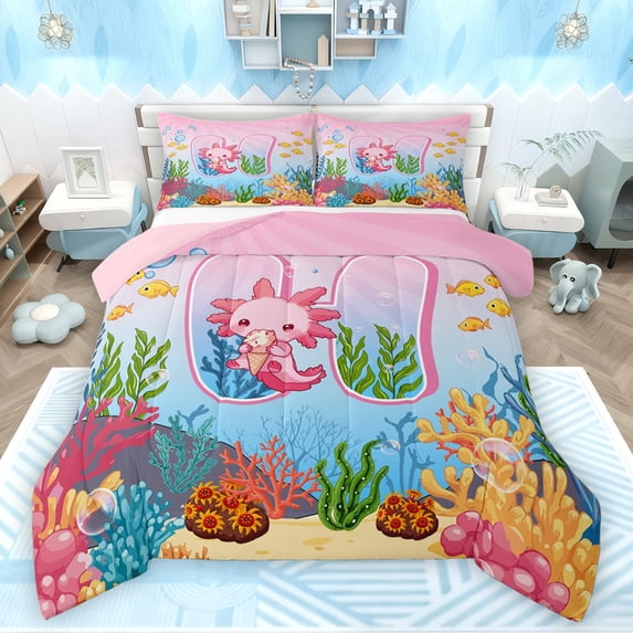 Feelyou Axolotl Letter H Queen Comforter Set, Fairy Tale Sealife Bedding Sets, Teens Kids Girls Boys Reversible Bedding Comforter Set, Ultra Soft Bedroom Decor, 3-Piece