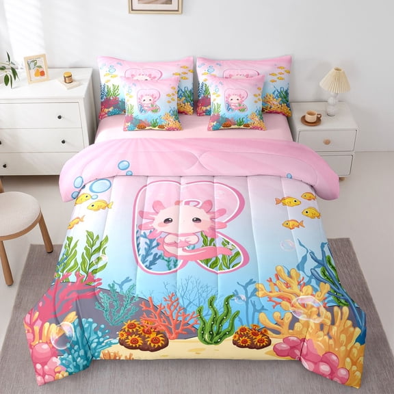 Feelyou Axolotl Letter R Bedding Comforter Set 7pcs, Fairy Tale Sealife King Bedding Sets, Teens Kids Girls Boys Reversible Bed Sheets, Microfiber Bedroom Decor