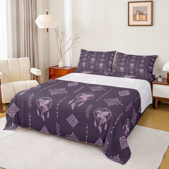 Feelyou Aztec Damask Bed Sheets, Boho Dragon Dreamcatcher King Sheets, 4pcs
