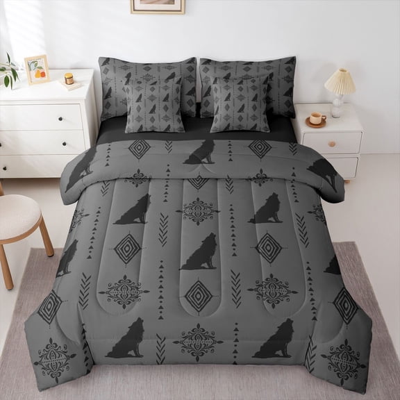Feelyou Aztec Damask Bedding Comforter Set 7pcs, Rustic Tribal Wolf Queen Bedding Sets