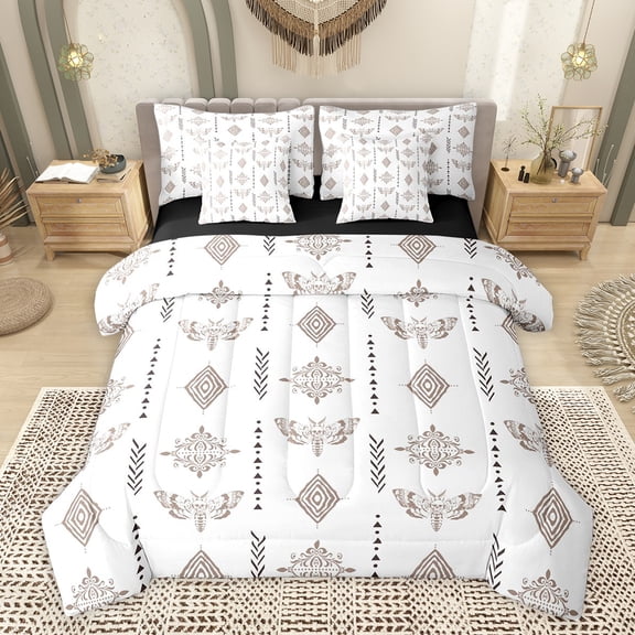 Feelyou Aztec Damask Floral Twin Bedding Sets 7pcs, Gothic Boho Moth Skull Comforter Set