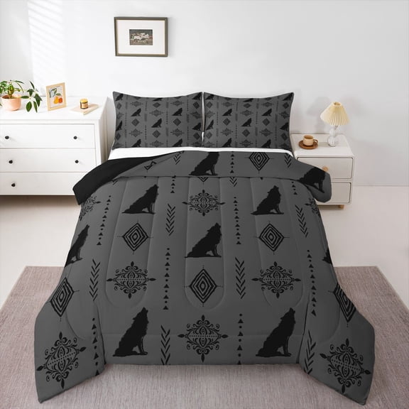 Feelyou Aztec Damask Queen Comforter Set, Rustic Tribal Wolf Bedding Comforter Set, 3pcs