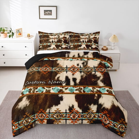 Feelyou Aztec Full Size Comforter Sets, Brown Cow Print Bedding Sets, 3-Piece