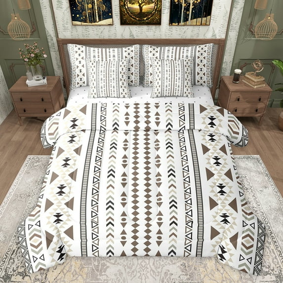 Feelyou Aztec Triangle Bedding Comforter Set 7 Pieces, Bohemian Mandala Hippie Full Bedding Set, Hippie Vintage Fashion Reversible Fitted Sheet Flat Sheet, Ultra Soft Bedroom Decor