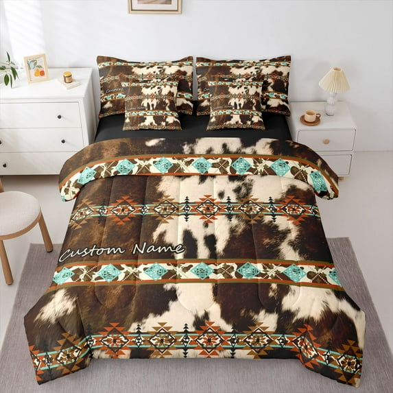 Feelyou Aztec Twin Bedding Sets 7pcs, Brown Cow Print Bedding Comforter Set