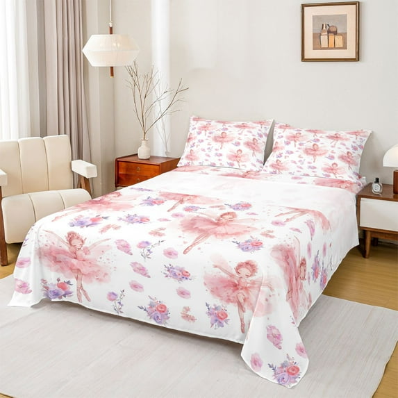 Feelyou Ballet Dancer Princess Twin Sheet Sets, Rose Flower Floral Bedding, 3 Pieces