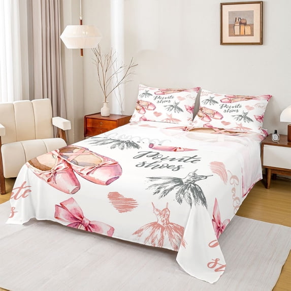 Feelyou Ballet Princess Girl Bed Sheets, Pink Shose Bowknot King Sheets, 4-Piece