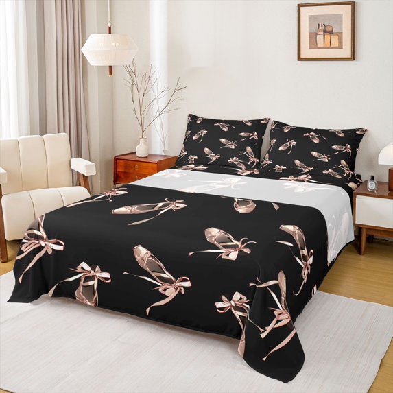 Feelyou Ballet Shoes Girls Full Size Sheets, Black Pink Bowknot Bed Sheets, Kawaii Princess STyle Sheet Sets, Breathable Home Decor, 4pcs