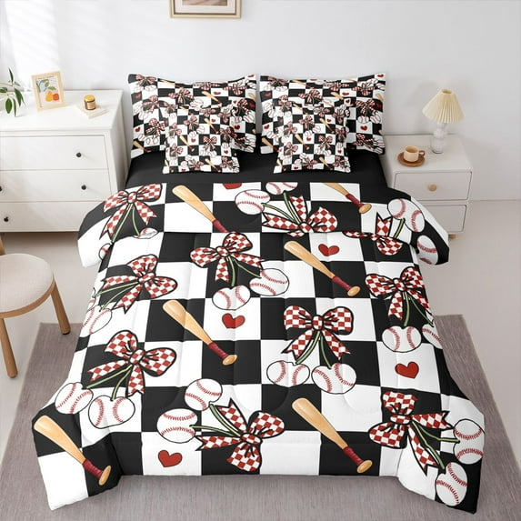 Feelyou Baseball Bow Bedding Comforter Set 7pcs, Love Heart Buffalo King Bedding Sets
