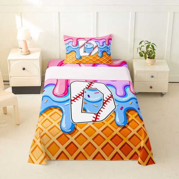 Feelyou Baseball D Letter Twin Sheets for Kids, Pink Blue Ice Cream Waffle Drip Bedding, 3pcs, 1 Flat Sheet, 1 Fitted Sheet and 1 Pillowcase