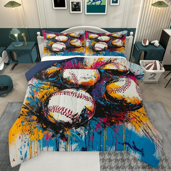 Feelyou Baseball Game Bedding Comforter Set for Boy, Chic Graffiti Splash Twin Comforter Sets, Vintage Oil Printing Reversible Bedding Set, Luxury Bedroom Decor, 2 Pieces