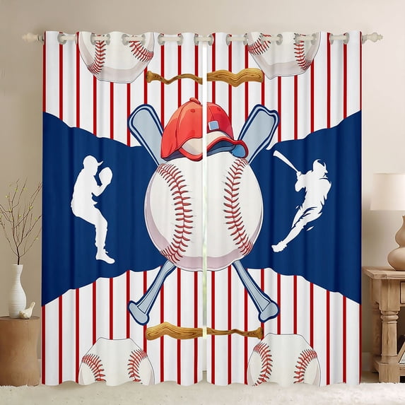 Feelyou Baseball Gaming Black Out Curtains, Red Blue Lines Curtains Pack of 2 (42x63 Each)