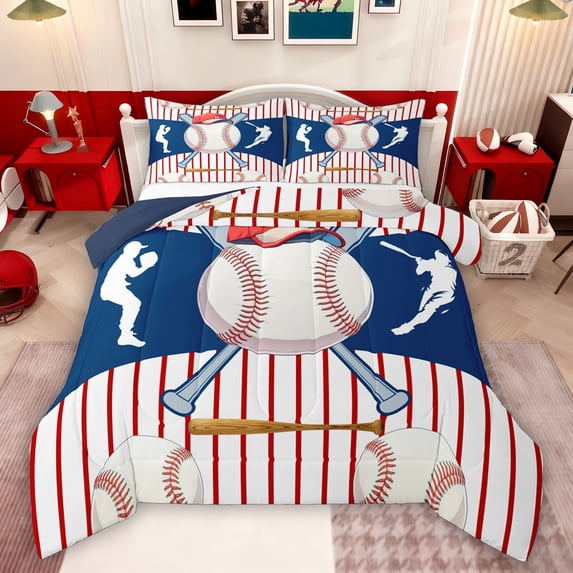 Feelyou Baseball Gaming Queen Comforter Set, Red Blue Lines Bedding Comforter Set, 3pcs