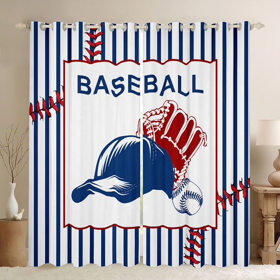 Feelyou Baseball Hat Black Out Curtains, Blue Lines Curtains Pack of 2 (42x63 Each)