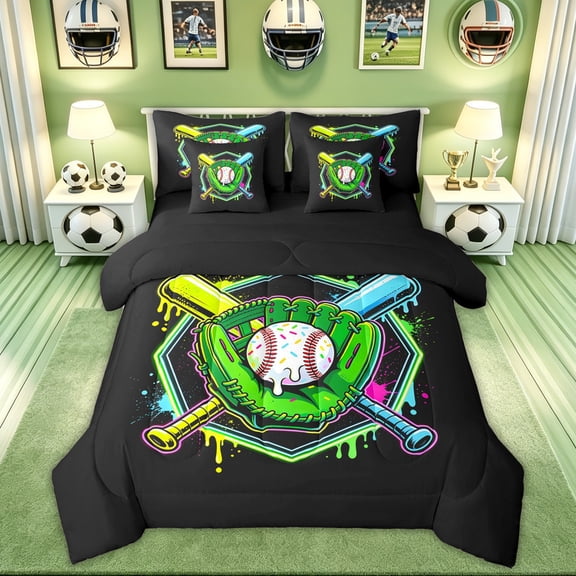Feelyou Baseball Ice Cream Drip Full Size Bedding Sets for Boys, Graffiti Glove Bat Splash Full Size Bed in a Bag, Black Reversible, 7 Pieces