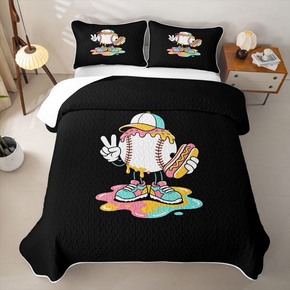 Feelyou Baseball Ice Crean Drip Bed Spread Queen for Boys Girls, Streetwear Hotdog Queen Coverlet Set, 3 Pieces