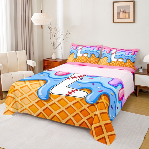 Feelyou Baseball L Letter Bed Sheets for Kids, Pink Blue Ice Cream Waffle Drip Full Size Sheets, 4 Pieces, 1 Flat Sheet, 1 Fitted Sheet and 2 Pillowcases
