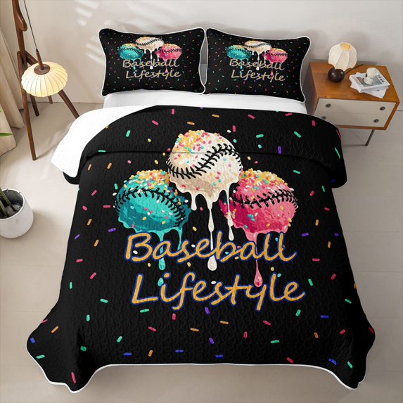 Feelyou Baseball Lifestyle Bed Spread Queen for Boys Girls, Sweet Ice Cream Drip Queen Coverlet Set, 3-Piece