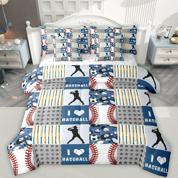 Feelyou Baseball Lover Boys Bedding Comforter Set 7 Pieces, Stripes Abstract Plaid Full Bedding Set, Sports Theme Reversible Fitted Sheet Flat Sheet, Breathable Home Decor