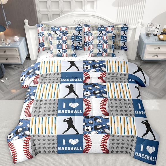 Feelyou Baseball Lover Boys Bedding Comforter Set 7pcs, Stripes Abstract Plaid King Bedding Sets, Sports Theme Reversible Bed Sheets, Breathable Home Decor