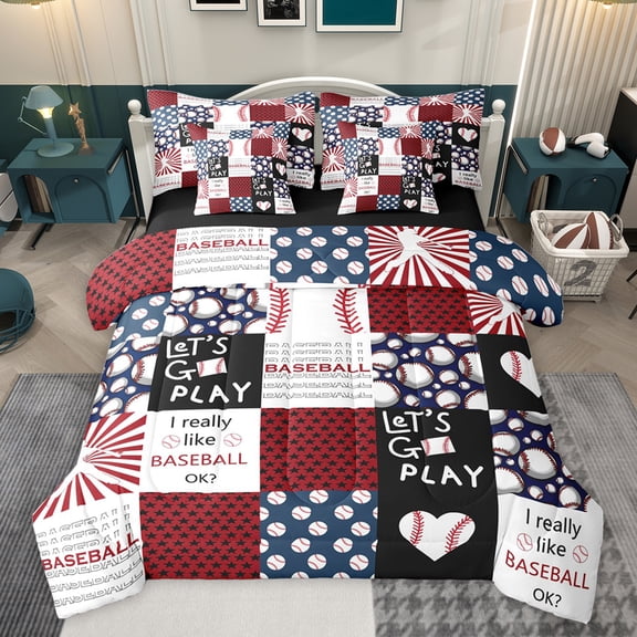 Feelyou Baseball Lover Kids Twin Bedding Sets 7-Piece, Modern Sports Game Bedding Comforter Set, Cartoon Stars Patchwork Reversible Sheet Sets, Luxury Bedroom Decor