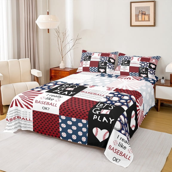 Feelyou Baseball Lover Kids Twin Sheet Sets, Modern Sports Game Twin Fitted Sheet, Cartoon Stars Patchwork Flat Sheet, Luxury Bedroom Decor, 3 Pieces