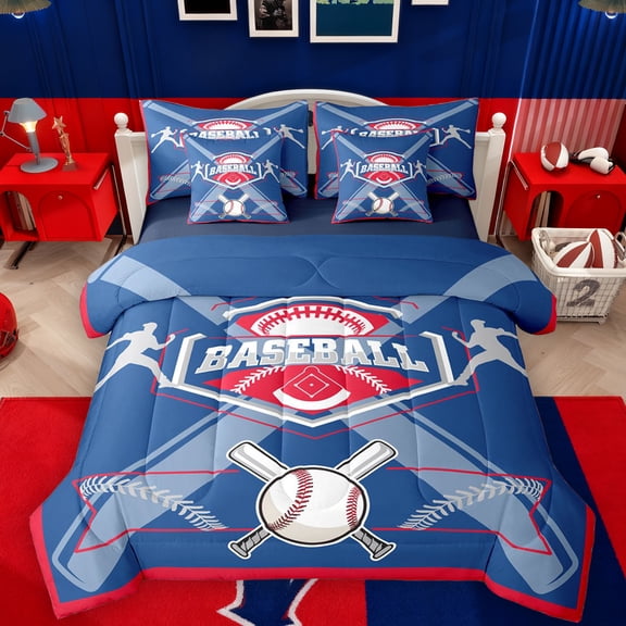 Feelyou Baseball Player Kids Bedding Comforter Set 7pcs, Modern Ball Game King Bedding Sets, Blue Red Cartoon Sports Reversible Bed Sheets, Ultra Soft Bedroom Decor