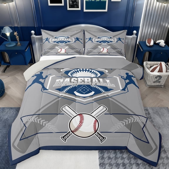 Feelyou Baseball Player Kids Bedding Comforter Set, Modern Ball Game Sport Twin Comforter Sets, Grey Blue Cartoon Theme Reversible Bedding Set, Ultra Soft Bedroom Decor, 2pcs