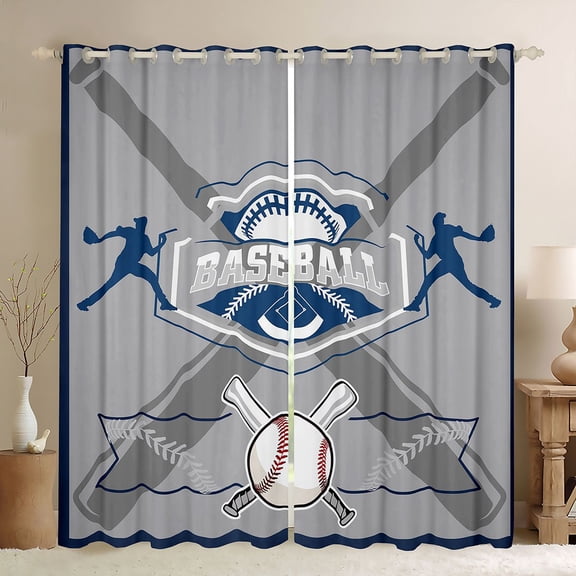 Feelyou Baseball Player Kids Black Out Curtains, Modern Ball Game Sport Curtains Pack of 2 (42x63 Each), Grey Blue Cartoon Theme Bedroom Curtains, Curtains and Drapes Decor