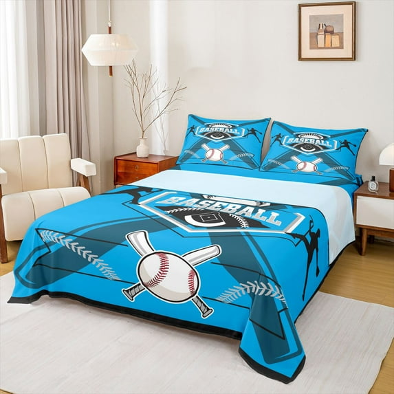 Feelyou Baseball Player Kids Queen Sheet Sets, Modern Ball Game Flat Sheet, Blue Cartoon Sports Theme Queen Fitted Sheet, Luxury Bedroom Decor, 4pcs