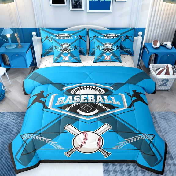 Feelyou Baseball Player Kids Twin Bedding Sets 7-Piece, Modern Ball Game Bedding Comforter Set, Blue Cartoon Sports Theme Reversible Sheet Sets, Luxury Bedroom Decor