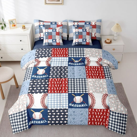 Feelyou Baseball Sport Bedding Comforter Set 7pcs, Blue Red King Bedding Sets