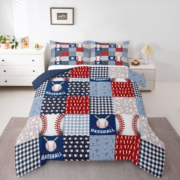 Feelyou Baseball Sport Full Size Comforter Sets, Blue Red Bedding Sets, 3 Pieces