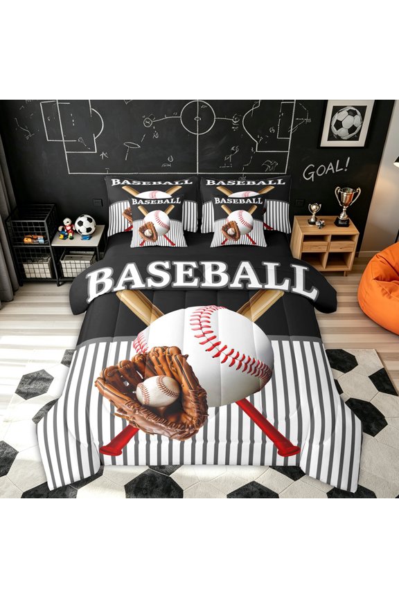 Baseball Sport Gloves Twin Bedding for Boys, Black White Stripe Line Bedding Comforter Set, Black Reversible, 7-Piece