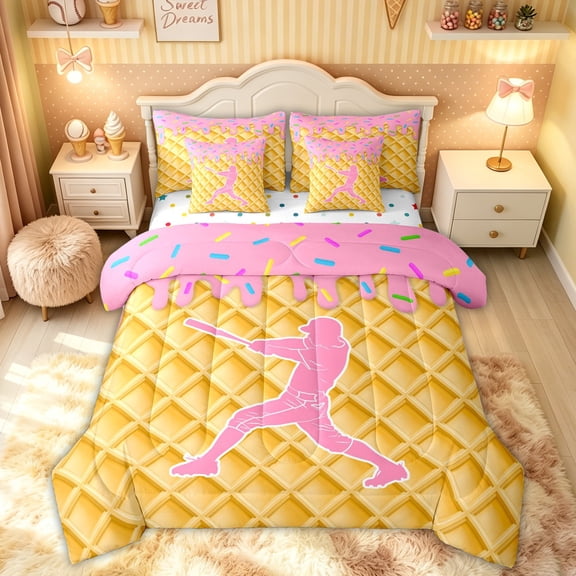 Feelyou Baseball Sport Twin Bedding for Girls, Pink Ice Cream Batter Silhouette Bedding Comforter Set, Polkadot Reversible, 7 Pieces