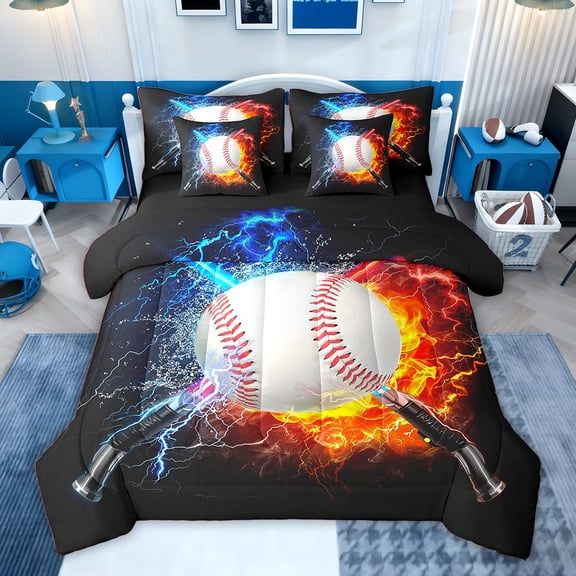 Feelyou Baseball Sports Boys Bedding Comforter Set 7pcs, Blue Orange Queen Bedding Sets, Neon Gradient Lightning Reversible Queen Sheet Sets, Breathable Home Decor
