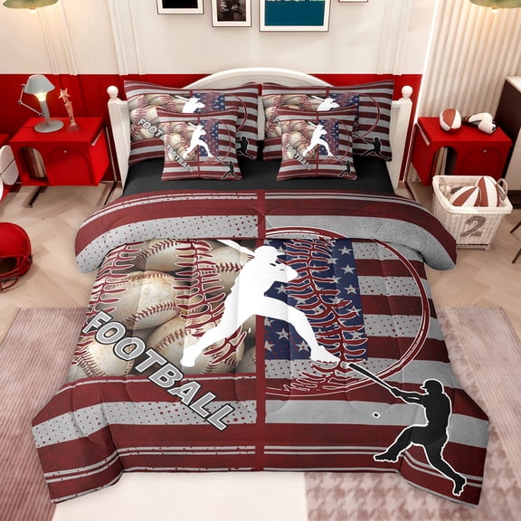Feelyou Baseball Sports Boys Bedding Comforter Set 7pcs, Football Soccer Lover King Bedding Sets, Vintage American Flag Reversible Bed Sheets, Super Cozy Room Decor