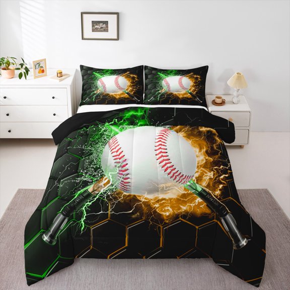 Feelyou Baseball Sports Boys Queen Comforter Set, Green Yellow Lightning Bedding Sets, Neon Gradient Honeycomb Reversible Bedding Comforter Set, Lightweight Room Decor, 3 Pieces