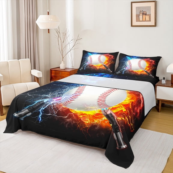 Feelyou Baseball Sports Boys Queen Sheet Sets, Blue Orange Flat Sheet, Neon Gradient Lightning Queen Fitted Sheet, Breathable Home Decor, 4 Pieces