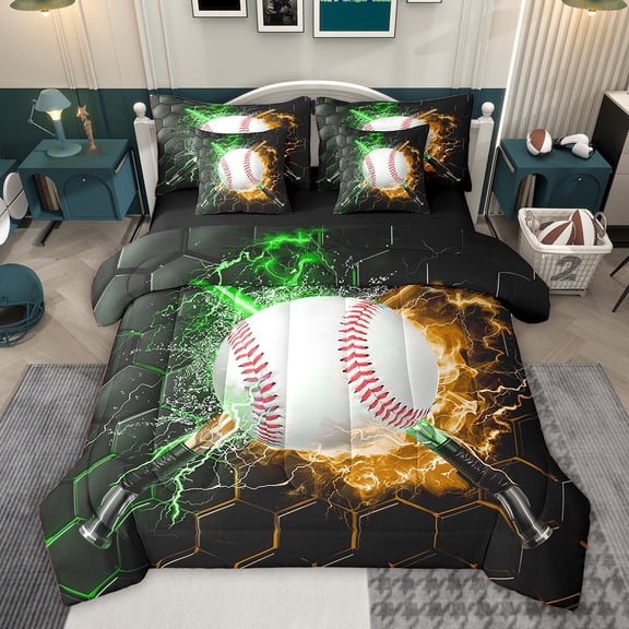 Feelyou Baseball Sports Boys Twin Bedding Sets 7-Piece, Green Yellow Lightning Bedding Comforter Set, Neon Gradient Honeycomb Reversible Sheet Sets, Lightweight Room Decor